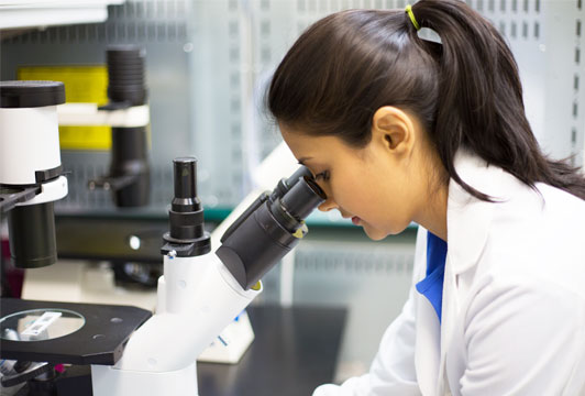 Woman physician looking into microscope