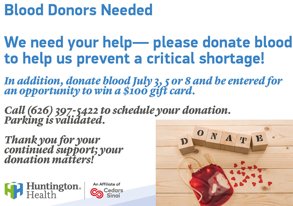 donate blood July 3, 5, or 8 and be entered to win a $100 gift card