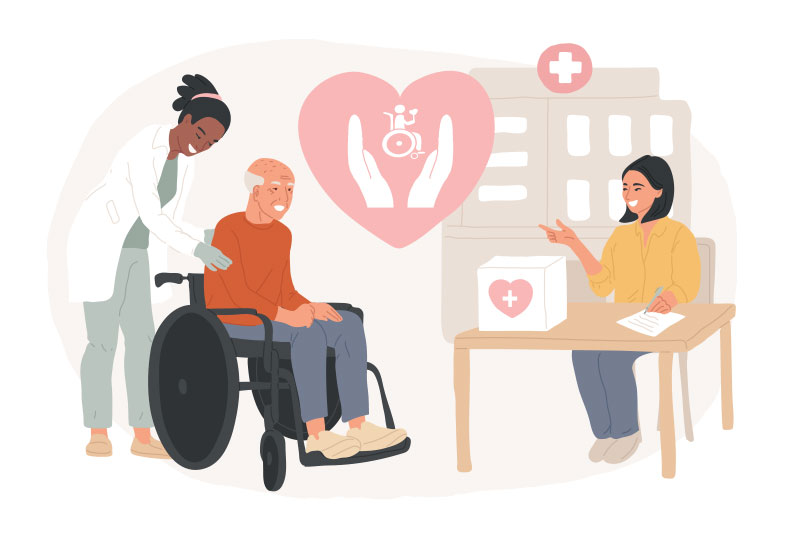 Illustration of man in wheelchair with nurse, talking to another nurse