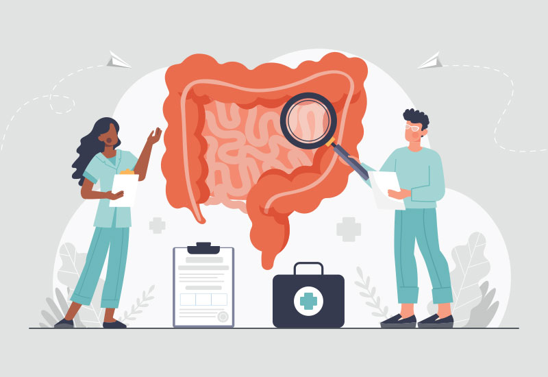 illustration of large intestines with doctors looking at it with magnifying glass