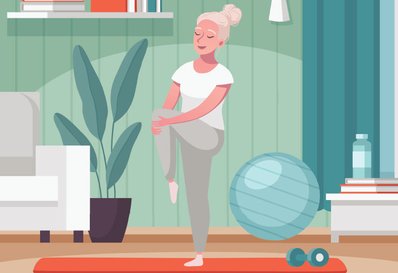 illustration of senior woman doing a stretch yoga pose